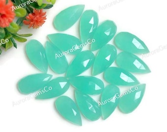 Pietra preziosa di calcedonio color acquamarina, dimensioni 10 x 20 mm, taglio a rosa a forma di pera, sfaccettata con retro piatto, lotto da 10 pietre preziose di calcedonio per la creazione di gioielli.