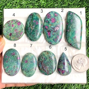May include: A collection of eight polished ruby in zoisite gemstones in various shapes, including oval, teardrop, and round. The stones display a mix of green and pink hues, with a US quarter for size comparison.
