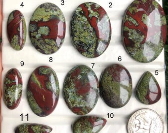 May include: A collection of eleven polished dragon blood jasper gemstones in various shapes, including oval, teardrop, and oblong. The stones display a mix of deep red and green hues, with a glossy finish. A US quarter is included for size reference.