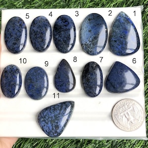 Puede incluir: Una colección de once piedras preciosas de sodalita azul pulidas, de diversas formas, incluyendo ovaladas, en forma de lágrima y triangulares. Las piedras presentan un aspecto moteado con patrones azul oscuro y blanco. Se incluye una moneda de 25 centavos estadounidense como referencia de tamaño.