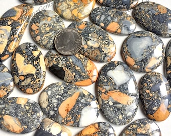 May include: A collection of 15 oval-shaped, polished, natural gemstone cabochons. The stones are a mix of black, white, gray, and orange colors with a speckled pattern. The stones are approximately 1 inch in length.