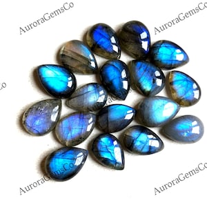 Lote de cabochões em formato de pêra labradorita - Pedras preciosas de 10x14 mm para fabricação de joias - Flash Spectrolite, padrões exclusivos - Conjunto de pedras preciosas por atacado