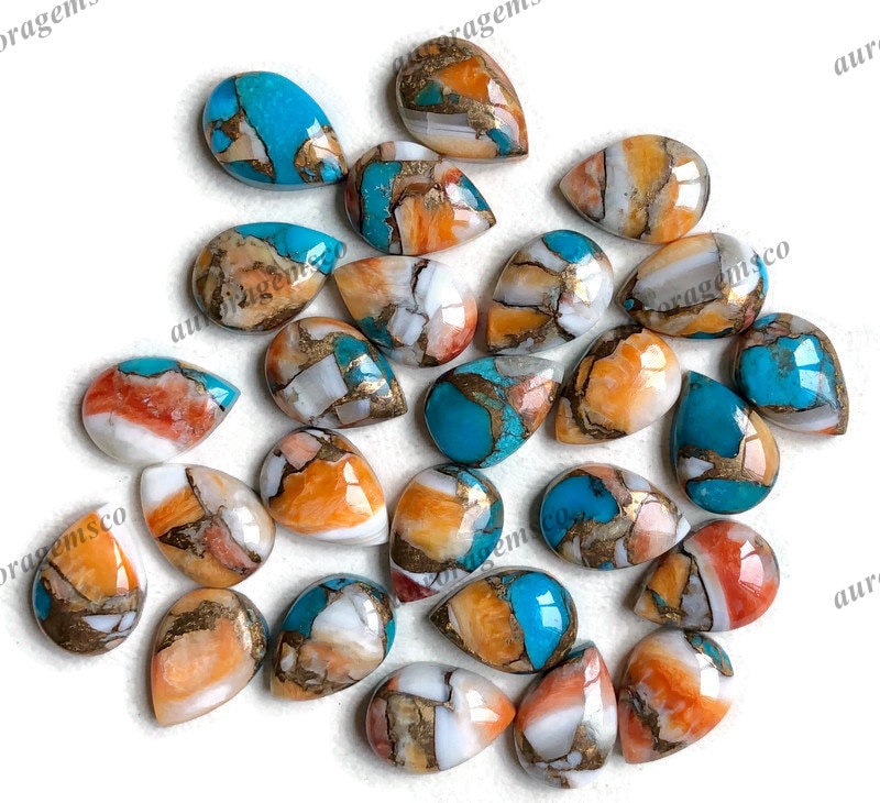 10x14mm Mohave Kupfer Türkis Birne Cabochon Lot, kalibrierte Birne Mojave Spiny Oyster Türkis lose Stein Cab Edelstein
