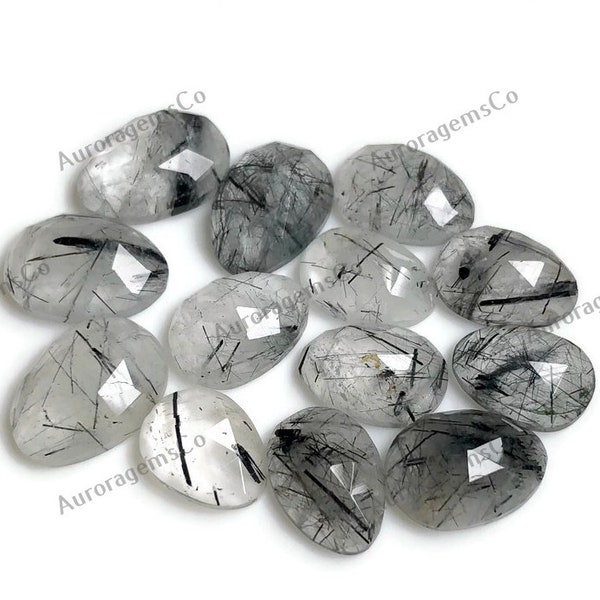Black Rutile Quartz Rose Cut Gemstone, 6pcs Black Rutilated quartz Rosecut Faceted Slice Polki Gemstone, Jewelry Making, Craft Supplies