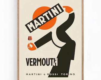 May include: A vintage-style poster advertising Martini & Rossi Vermouth. The poster features a stylized illustration of a person holding a glass of vermouth and a sign that reads "Martini". The background is a light beige color with a large orange circle.