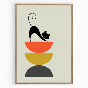 Mid Century Modern Style Abstract Black Cat. Art Print, Digital Download.