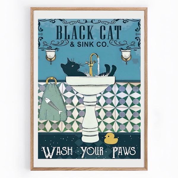 Vintage Poster, Art Deco. Black Cat ‘Wash Your Paws'. Art Print, Digital Download