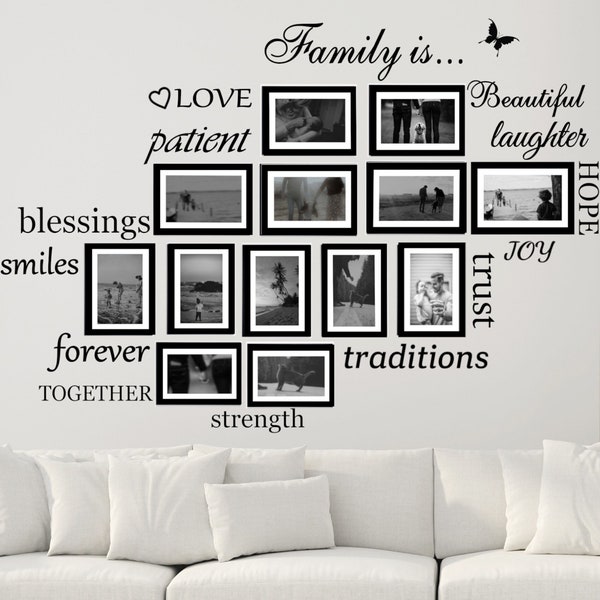 Family Wall Decals Set of 14 Family Words Quotes Vinyl Stickers Picture Frame Wall Decoration  Matte Black (The Photo Frames not Included)