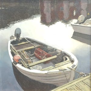 Original oil painting by artist David Miell “White boat with lobster pots"