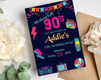 Lets Rewind to the 90s Birthday Invitation, 90s Theme Party Invitation, Throwback 90s invite, Retro party, Back to the 90s birthday Invite