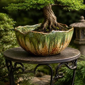 May include: A bonsai tree with a thick, textured trunk and dense green foliage planted in a round, scalloped ceramic pot. The pot features a reactive glaze with dripping shades of sage green, cream, and earthy brown tones along the exterior.