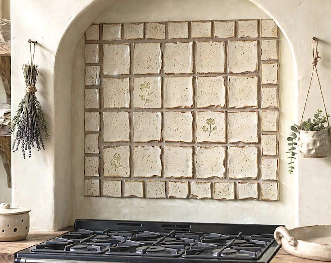 Handmade Ceramic Tile Set, White River Style Backsplash Tiles, Cream Stoneware Wall Tile, Floral Accent Tile