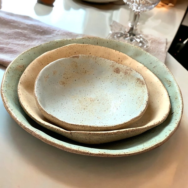 Serving Bowl Set,3, Rustic Pottery Bowls, Very Rustic, Set of 3, Hand formed, custom glaze, farmhouse table, rustic tableware,