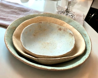 Serving Bowl Set,3, Rustic Pottery Bowls, Very Rustic, Set of 3, Hand formed, custom glaze, farmhouse table, rustic tableware,