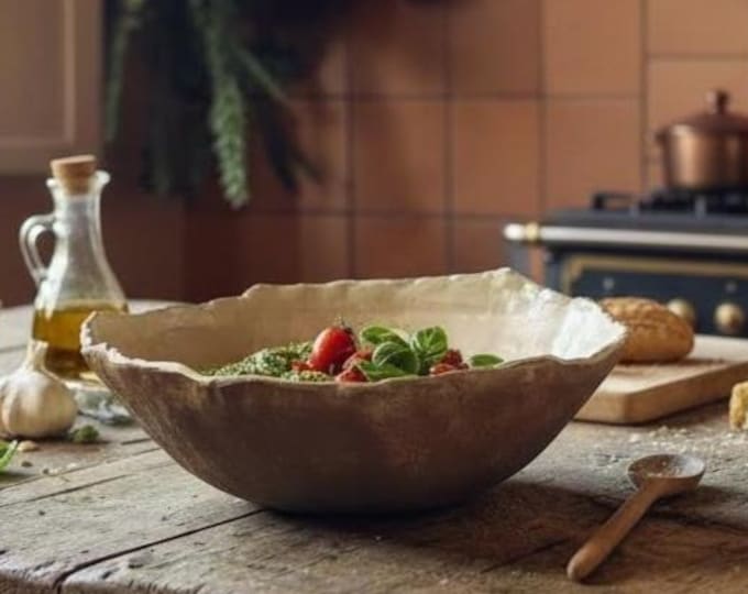 LARGE Serving Bowl, Rustic Pottery, Hand formed, custom glaze, farmhouse table, rustic tableware,
