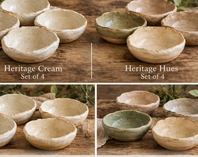 Handmade Pottery Small Bowl Set of 4 | Heritage Cream or Mixed Heritage Hues | Condiment, Dip & Prep Bowls