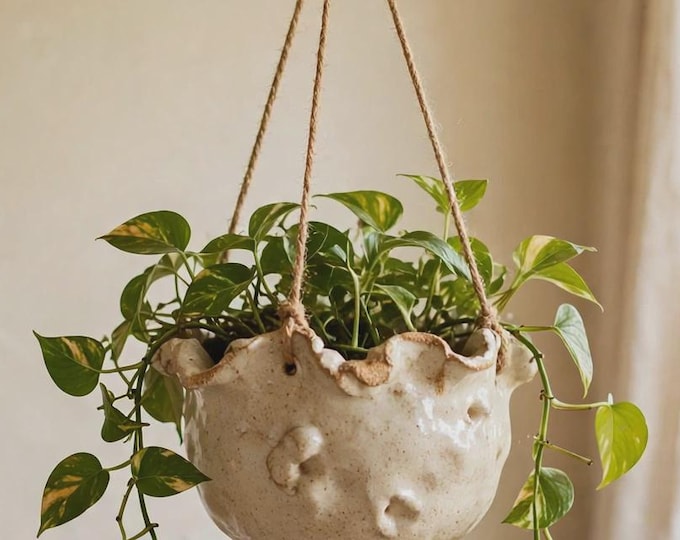 Handmade Stoneware Hanging Planter, Hanging Plant Pot with Jute Cord, Rustic Indoor Planter, Farmhouse Wall Decor