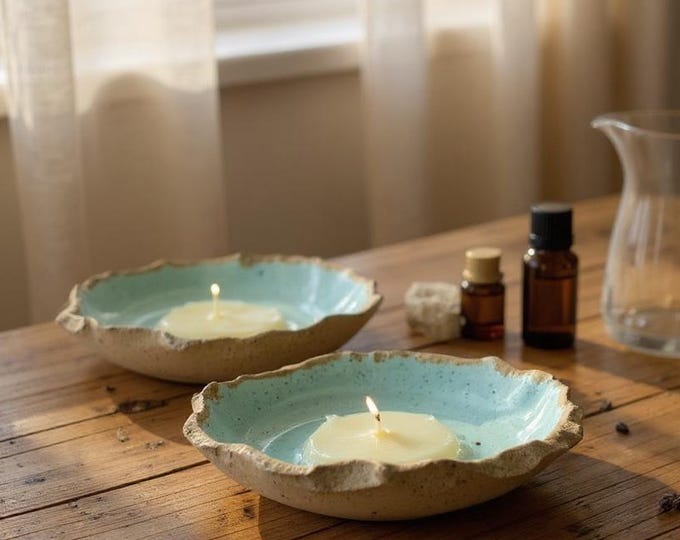 2 Rustic Pottery Candle Holders, Plate/Bowl 2,  w/ 2 handrolled beeswax candles, Hand formed, housewarming gift,