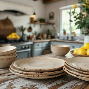 May include: A stack of beige ceramic plates and bowls with a rustic, textured design. The plates have a unique, uneven edge. The kitchen setting includes a wooden table and a blurred background with lemons and flowers.