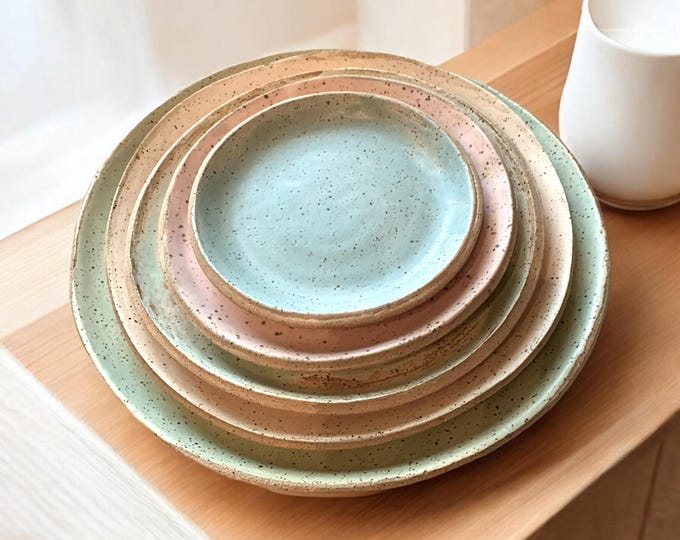 Plates set,5Place setting, Dinner Plate 9.5 in, Shallow, side plate,RusticHand formed,customglaze, rustic tableware,