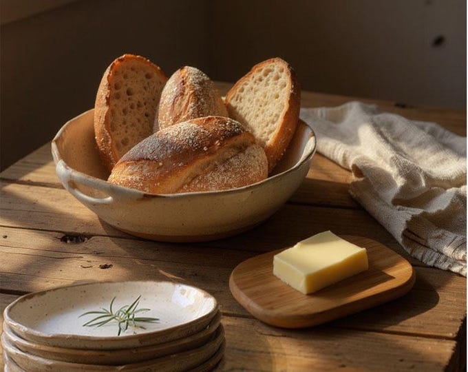 Bread Warmer Bowl w/ 4 Plates, Rustic, Handled, Pottery, Hand formed, custom glaze, farmhouse table, rustic tableware,