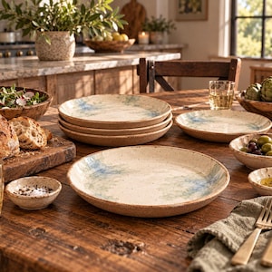 Handmade Stoneware Dinnerware, 16-Piece Set with Exposed Clay Rim