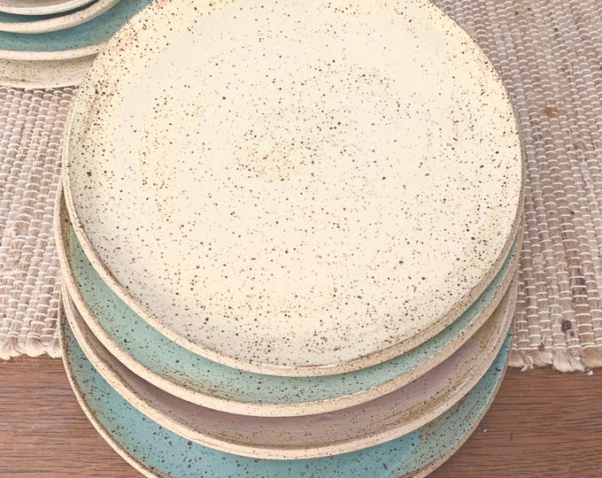 Four Plates 9.5”, Rustic Pottery Plates, Very Rustic, Set of 4, Hand formed, custom glaze, farmhouse table, rustic tableware,