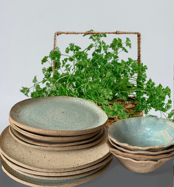 12pc Plates & Bowls set,Rustic Pottery Plates, Very Rustic, Set for 4, Hand formed, farmhouse table, rustic tableware,