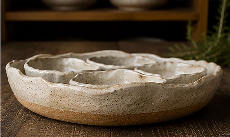 May include: A round, beige ceramic serving platter with a textured, speckled surface and an uneven, wavy rim. The platter contains three smaller, matching ceramic bowls with similar irregular edges, all featuring a light, speckled glaze finish.