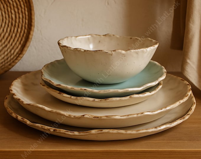 6pc service for 2, Dinnerware set, Rustic, Pottery Plates, Very Rustic, Set for 2, Hand formed, farmhouse table, rustic tableware,