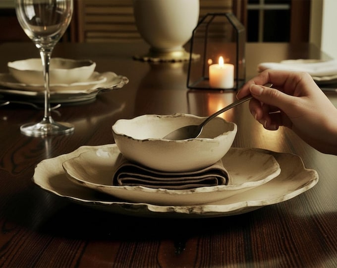Handmade Ceramic Dinnerware Set, Rustic Stoneware Plates and Bowls, Pottery Tableware