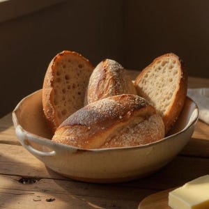 May include: A ceramic bowl filled with fresh bread rolls and slices. The bread has a golden-brown crust and a soft, airy interior. The bowl is a light beige color and sits on a wooden surface.