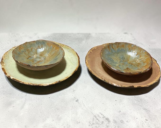 2 Each Rustic Pottery Bowl AND Plate, 4 pieces, OOAK,Hand formed, custom glaze, farmhouse table, rustic tableware, Pottery, Dinnerware