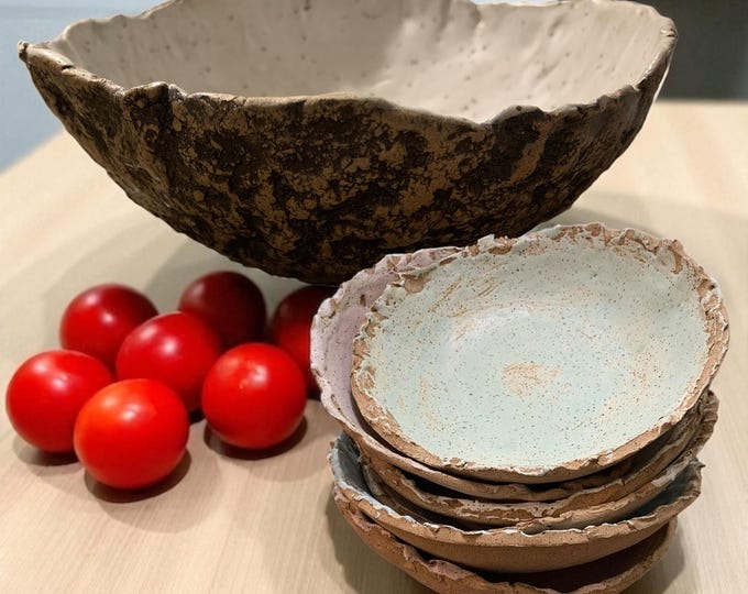 5 pc Salad Bowl Set, Rustic Pottery Bowls, Serving Bowl Set of 5, Hand formed, custom glaze, farmhouse table, rustic tableware,