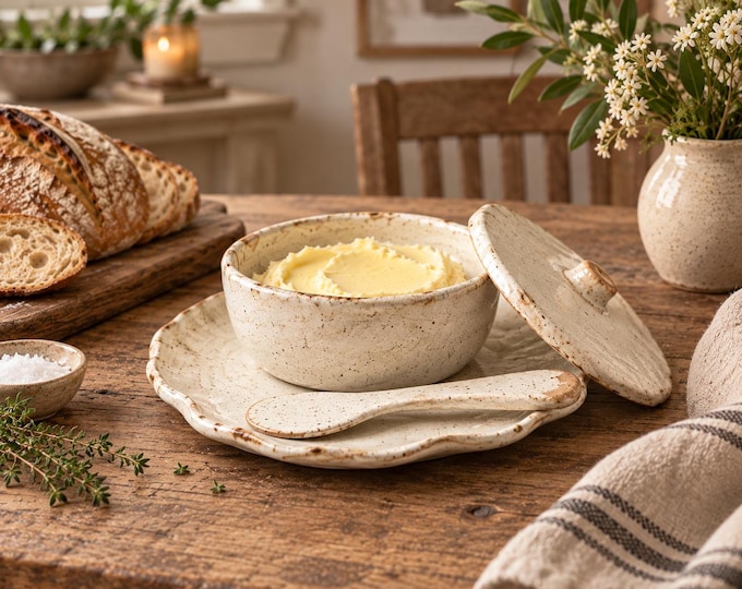 Handmade Pottery Butter Dish with Lid & Spreader, Rustic Stoneware Butter Crock, Heritage Cream Butter Keeper, Housewarming Gift
