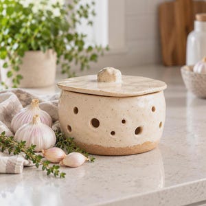 May include: A round, cream-colored ceramic garlic keeper with a matching lid and a textured, speckled finish. The container features multiple circular ventilation holes around its sides and a small, knob-like handle on top of the lid.