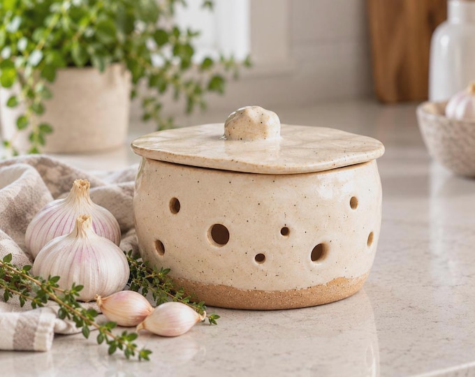 Handmade Pottery Garlic Keeper | White River Pottery | Rustic Ceramic Garlic Jar with Lid | Heritage Cream Kitchen Counter Storage