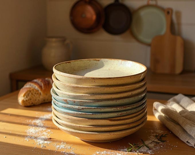 4 Pottery Plates, 4, Plate Rustic Pottery Plates, Very Rustic,  Hand formed, custom glaze, farmhouse table, rustic tableware,