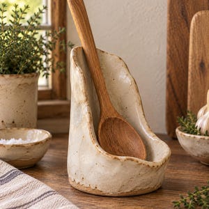 May include: A vertical ceramic spoon rest with an off-white, speckled glaze and an irregular, hand-formed edge. A long-handled wooden spoon with a visible grain pattern rests inside the upright holder, which features a wide, curved base.