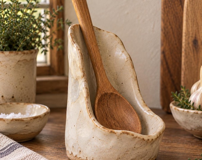 Upright Pottery Spoon Rest, Handmade Stoneware Utensil Holder, Rustic Ceramic Spoon Rest, Heritage Cream Kitchen Pottery