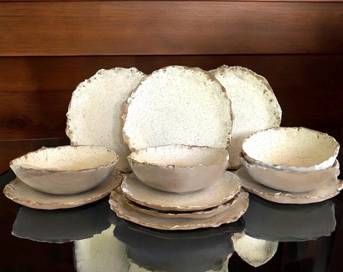 12pc Dinnerware set, Rustic, Organic Edge,Pottery Plates, Very Rustic, Set for 4, Hand formed, farmhouse table, rustic tableware,