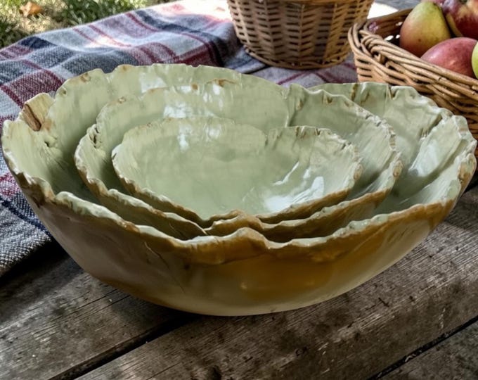 Large Rustic Nesting Pottery Bowls, Hand Formed Stoneware Serving Set