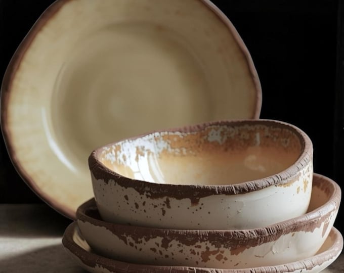 16 pc service for 4, 4pc Place Setting, Dinner Plate,salad plate, bread plate, and bowl, RusticHand formed,customglaze, rustic tableware,