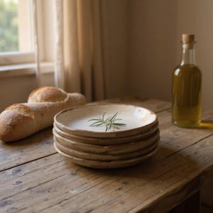 May include: A stack of five round, off-white ceramic plates with speckled textures and uneven, organic edges. A small sprig of green rosemary rests in the center of the top plate. The plates are positioned next to a loaf of bread and a glass bottle.