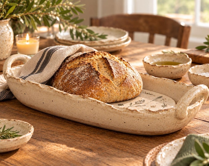 Bread Warmer with Warming Stone Insert | Handmade Stoneware Bread Tray | Rustic Farmhouse Serving Dish