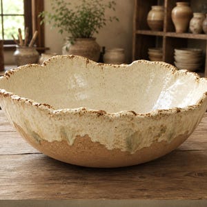 May include: A large, round ceramic bowl with a wide, uneven, and textured rim. The interior and upper exterior feature a glossy, off-white speckled glaze, while the lower exterior reveals a raw, unglazed, light brown clay surface with visible texture.