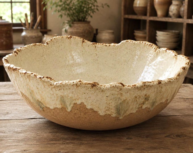Large Rustic Pottery Serving Bowl, Hand Formed Glaze, Farmhouse Tableware, Ceramic 11-12in