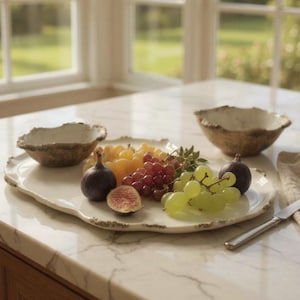 May include: A white serving platter with a wavy edge holds a selection of fresh fruit, including figs, green and red grapes, and yellow grapes. Two matching bowls are on either side. A knife and napkin are on the side.