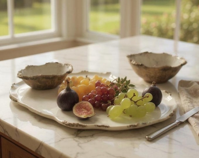 3 pc Serving Platter w/ dipping bowls, Rustic Pottery, Very Rustic,  Hand formed, custom glaze, farmhouse table, rustic tableware,