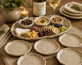 Complete 8pc Gather & Graze Pottery Serving Set, Handmade Charcuterie Platter, Appetizer Set, Grazing Board, Rustic Farmhouse Tableware